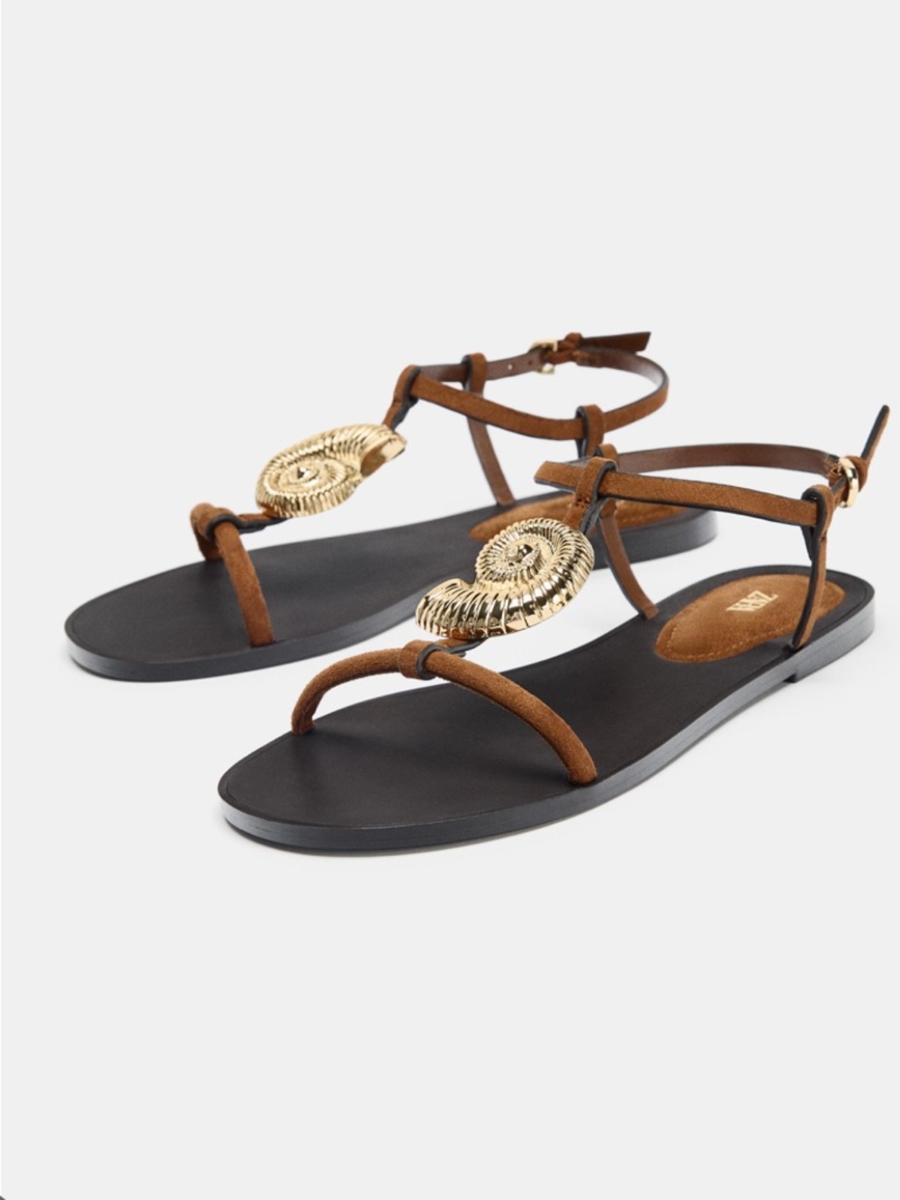Zara Brown T‑Strap Flat Sandals with Metallic Gold Shell Accent - Picture 2 of 7